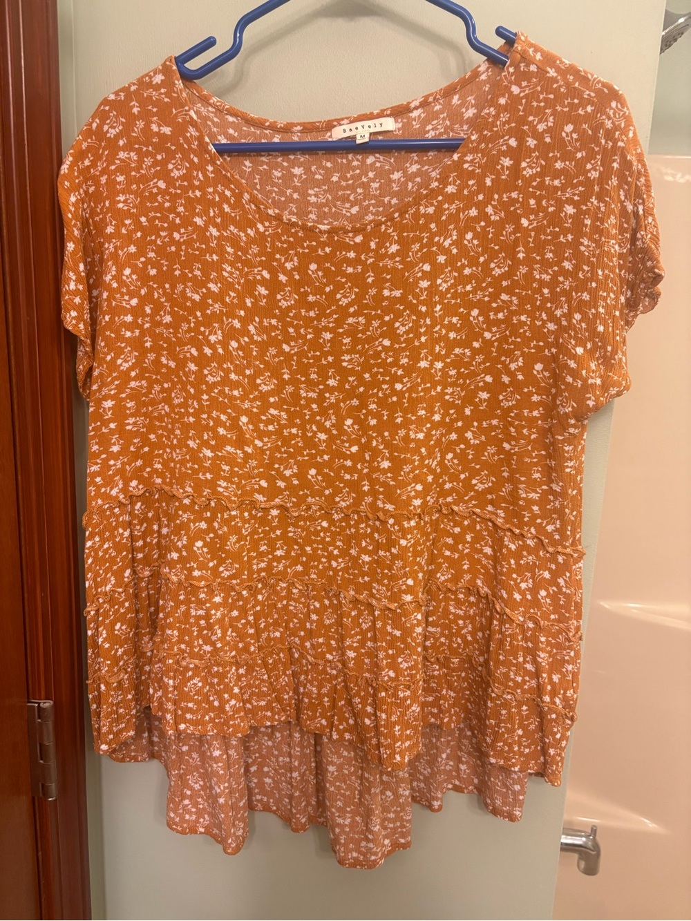 Women's Mustard Floral Tiered Short-Sleeve Tunic by Baevely